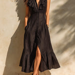 ElevenOra Chic Elegant Black Cotton-Linen Blend Lapel Single-Breasted Sleeveless Ruffled Detail Tailored-Waist Maxi Dress