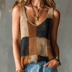 ElevenOra Chic Elegant Brown-Camel-Black Colorblock U-Neck Sleeveless Loose-Fit Knit Vest Top