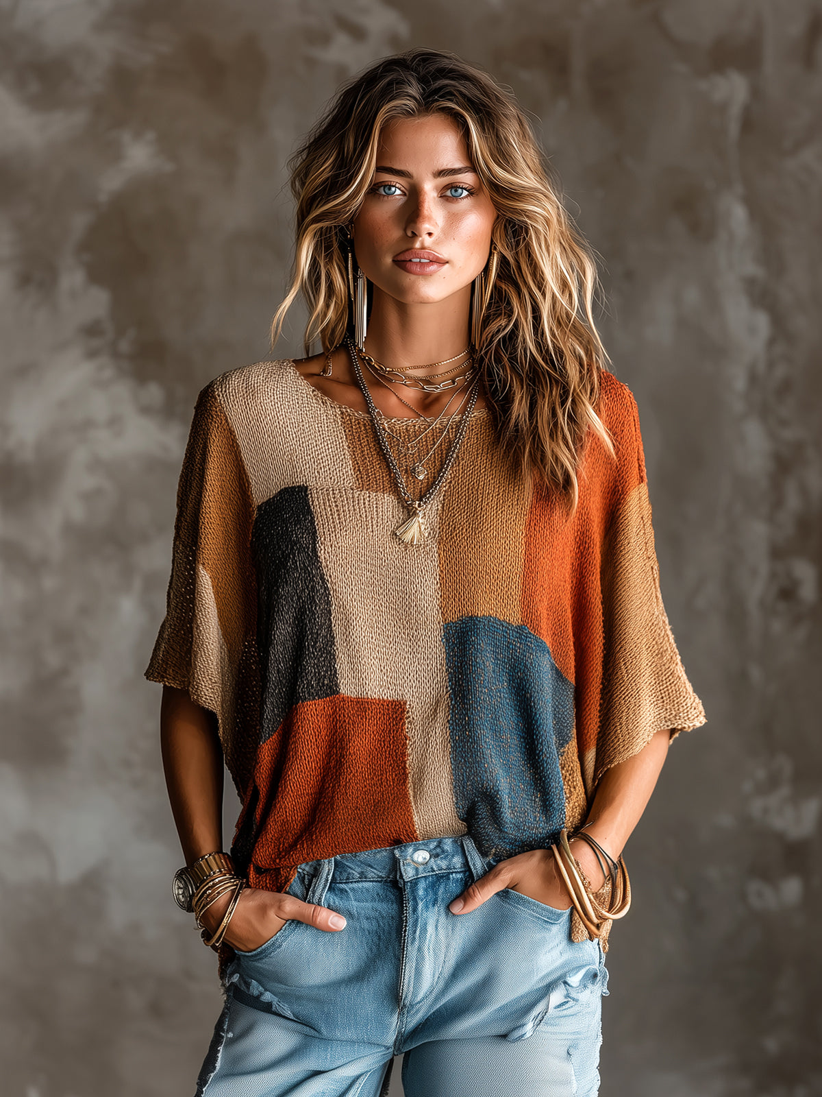 ElevenOra Chic Elegant Multi-Color Patchwork Round-Neck Dropped Shoulder Half-Sleeve Loose-Fit Knit Sweater Top