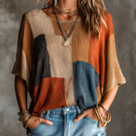 ElevenOra Chic Elegant Multi-Color Patchwork Round-Neck Dropped Shoulder Half-Sleeve Loose-Fit Knit Sweater Top