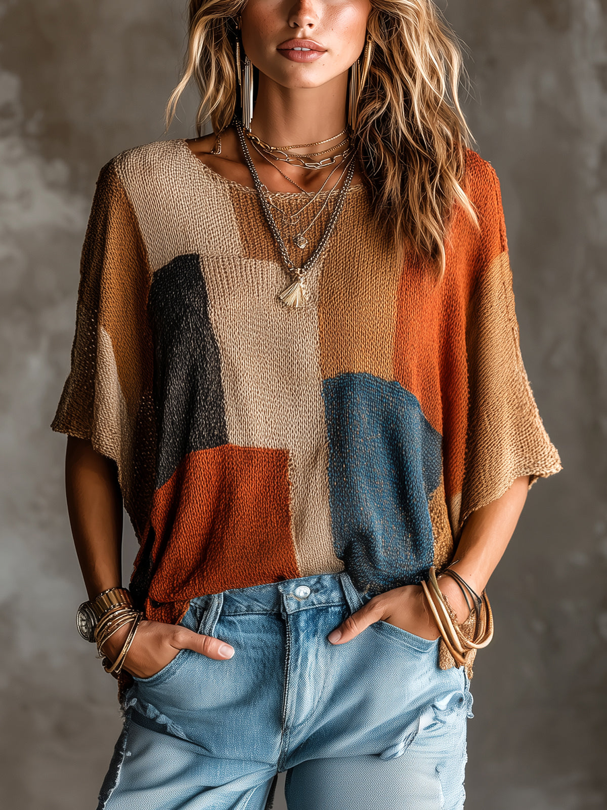 ElevenOra Chic Elegant Multi-Color Patchwork Round-Neck Dropped Shoulder Half-Sleeve Loose-Fit Knit Sweater Top