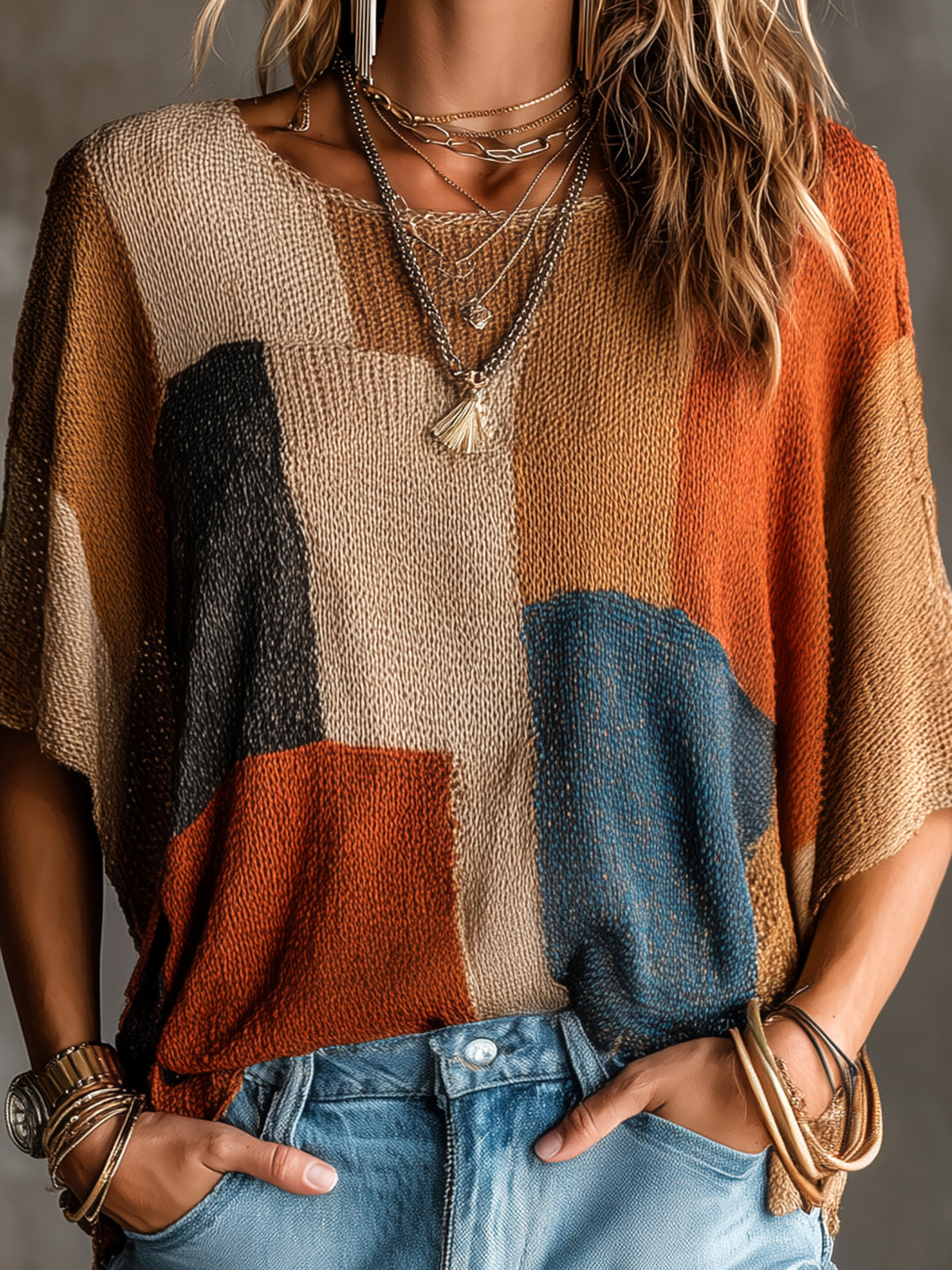 ElevenOra Chic Elegant Multi-Color Patchwork Round-Neck Dropped Shoulder Half-Sleeve Loose-Fit Knit Sweater Top