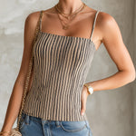 ElevenOra Chic Elegant Camel-Black Pinstripes Spaghetti Straps Square-Neck Slim-Fit Knit Camisole
