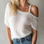 ElevenOra Chic Elegant Cream White Asymmetrical-Neck Shoulder-Strap Short-Sleeve Slim-Fit Mesh Knit Sweater Top