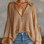 ElevenOra Chic Elegant Camel Button-Up V-Neck Dropped Shoulder Long-Flared-Sleeve Loose-Fit Mesh Knit Sweater Top