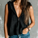 ElevenOra Chic Elegant Black Zipper-Up Hooded Collar Sleeveless Loose-Fit Ribbed Knit Vest Top