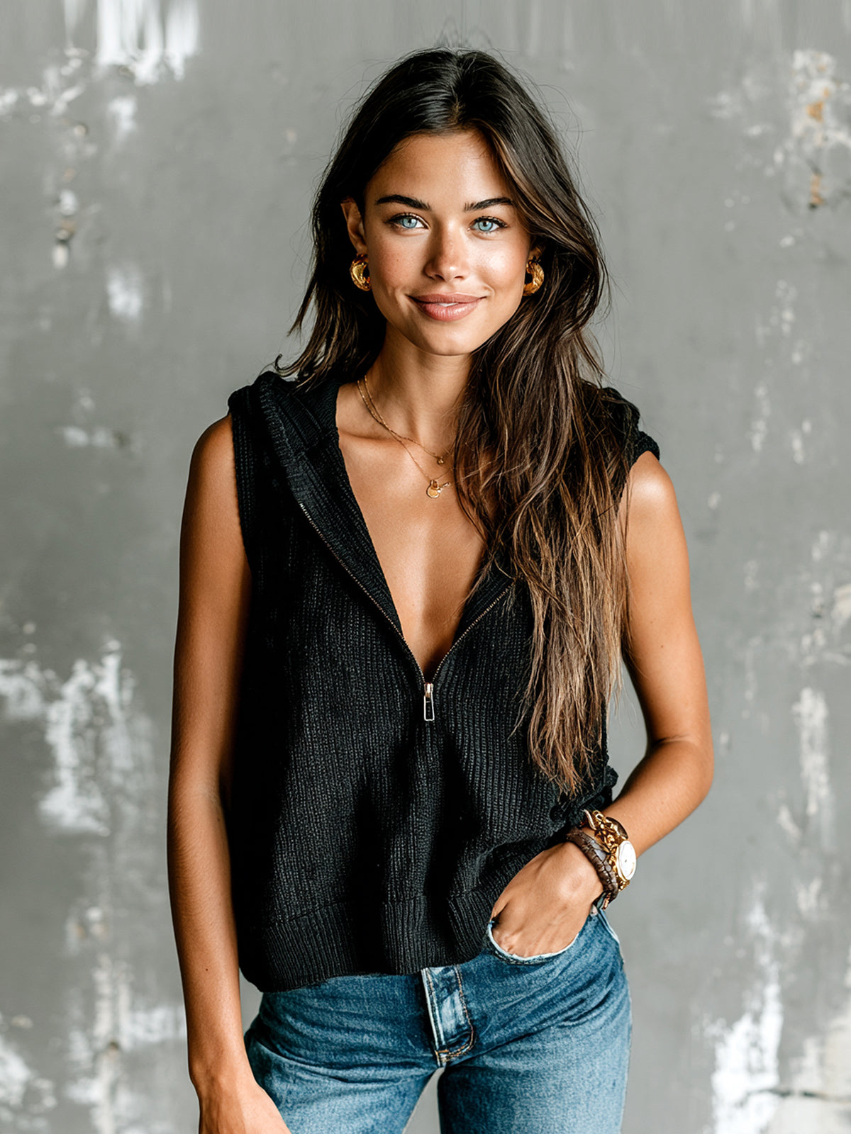 ElevenOra Chic Elegant Black Zipper-Up Hooded Collar Sleeveless Loose-Fit Ribbed Knit Vest Top