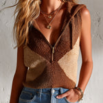 ElevenOra Chic Elegant Brown-Camel Colorblock Zipper-Up Hooded Collar Sleeveless Loose-Fit Ribbed Knit Vest Top