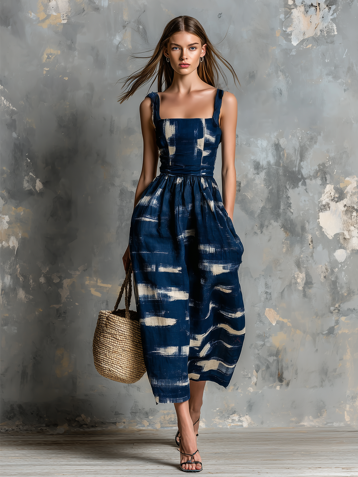 ElevenOra Chic Elegant Navy Blue Cotton Linen Blend  Wide Straps Square-Neck Abstract Print Sleeveless Tailored-Waist Loose-Fit Wide-Leg Cropped Jumpsuit