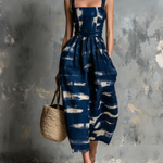 ElevenOra Chic Elegant Navy Blue Cotton Linen Blend  Wide Straps Square-Neck Abstract Print Sleeveless Tailored-Waist Loose-Fit Wide-Leg Cropped Jumpsuit