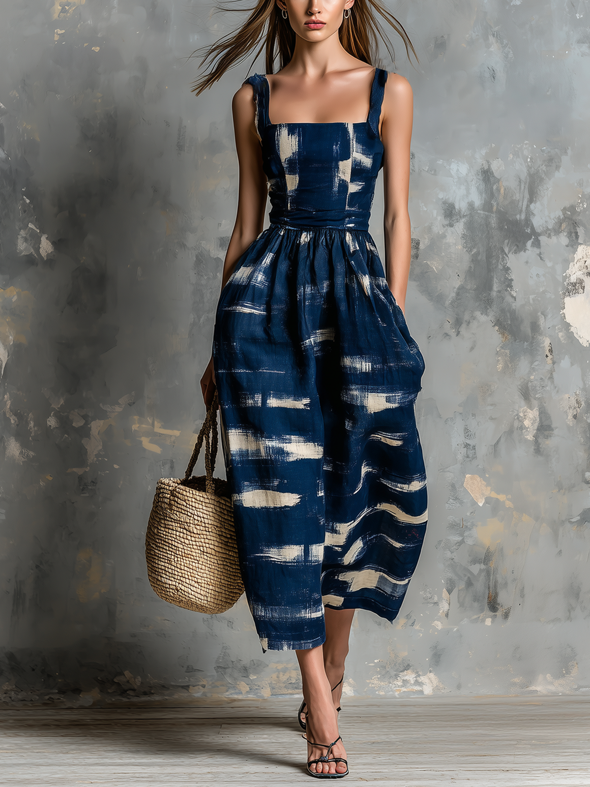ElevenOra Chic Elegant Navy Blue Cotton Linen Blend  Wide Straps Square-Neck Abstract Print Sleeveless Tailored-Waist Loose-Fit Wide-Leg Cropped Jumpsuit