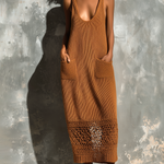 ElevenOra Chic Elegant Caramel U-Neck Patch Pockets Sleeveless Hollow-Out Hem Knit Maxi Dress