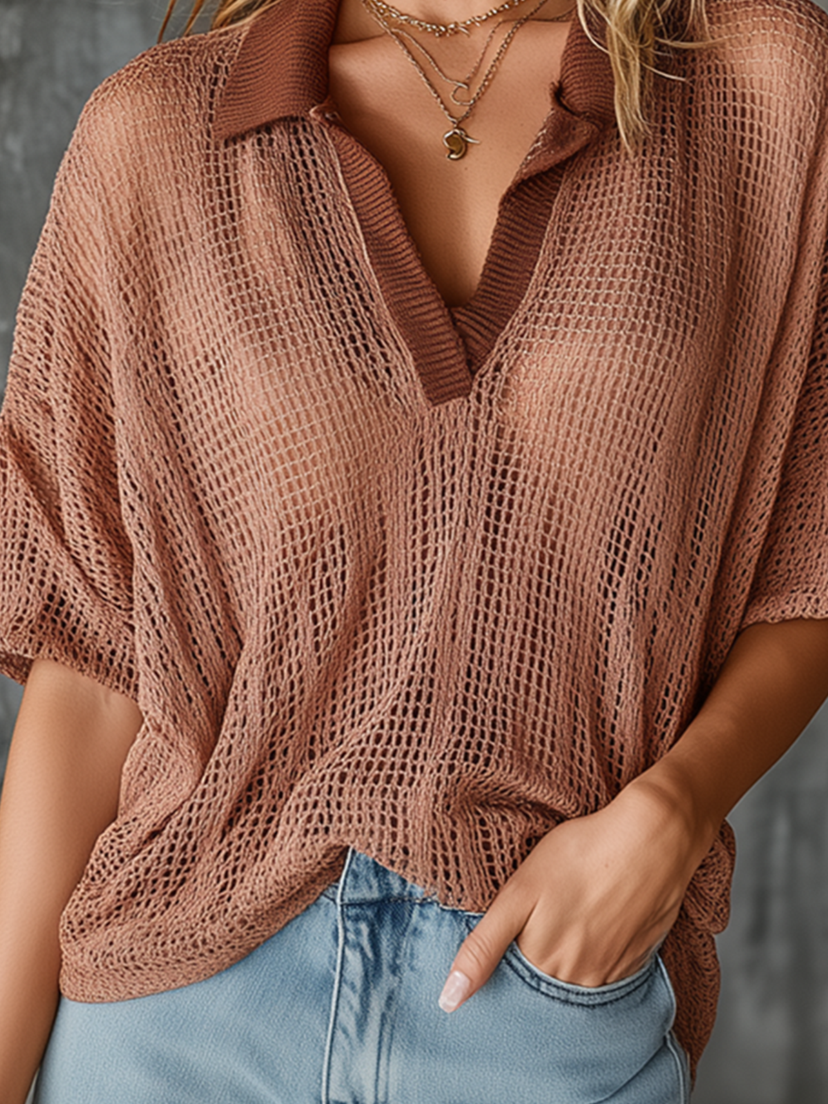ElevenOra Chic Casual Dusty Clay Lapel-Collar V-Neck Short-Sleeve Loose-Fit  Mesh Knit Sweater Top