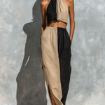 ElevenOra Chic Elegant Black-Camel Colorblock Cotton-Linen Blend Halter Neck Sleeveless Tank Top Elastic Waist Side Slit Maxi Skirt Two-Piece Set