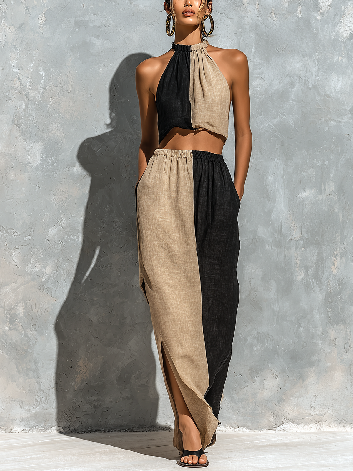 ElevenOra Chic Elegant Black-Camel Colorblock Cotton-Linen Blend Halter Neck Sleeveless Tank Top Elastic Waist Side Slit Maxi Skirt Two-Piece Set