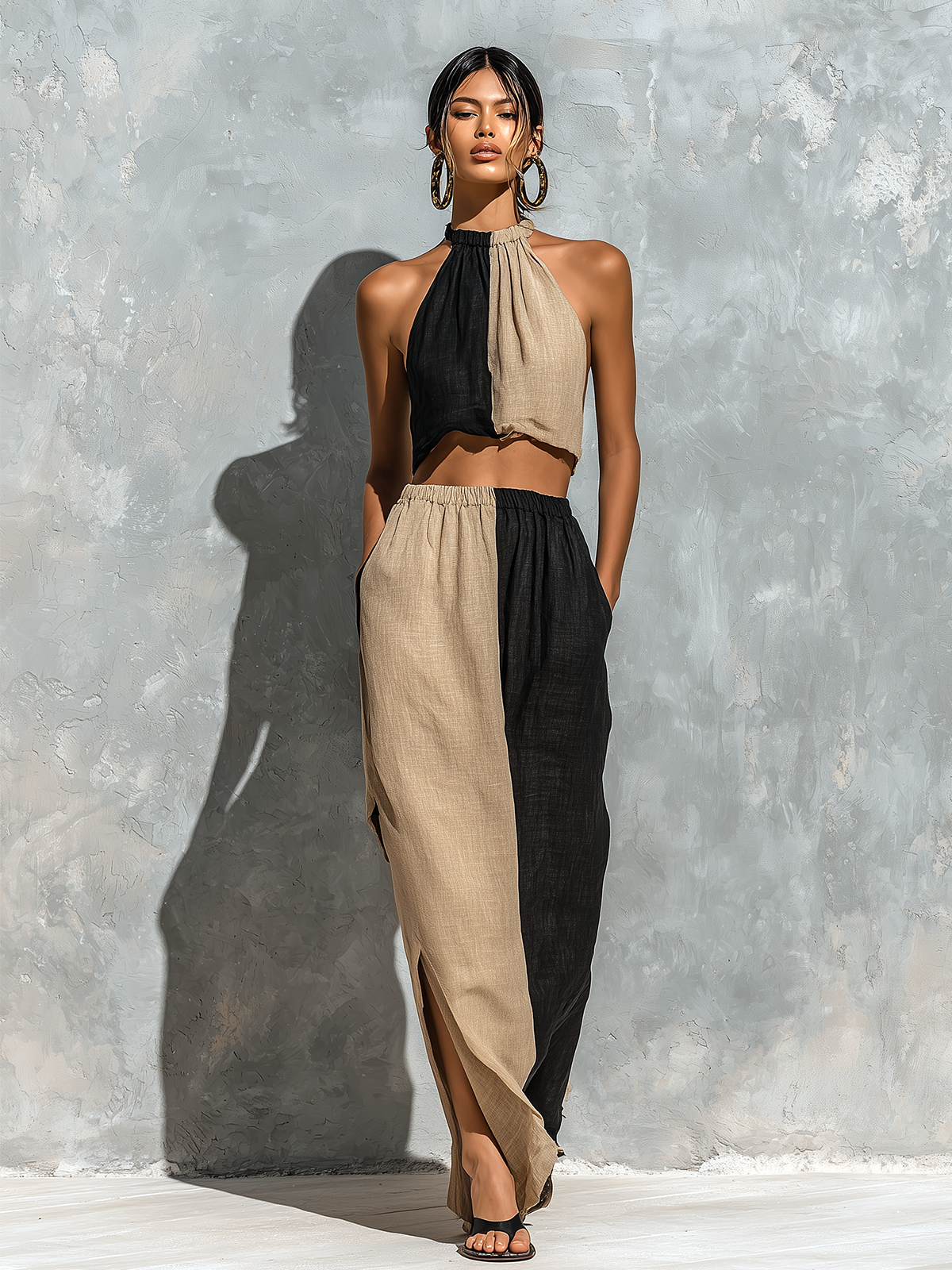 ElevenOra Chic Elegant Black-Camel Colorblock Cotton-Linen Blend Halter Neck Sleeveless Tank Top Elastic Waist Side Slit Maxi Skirt Two-Piece Set