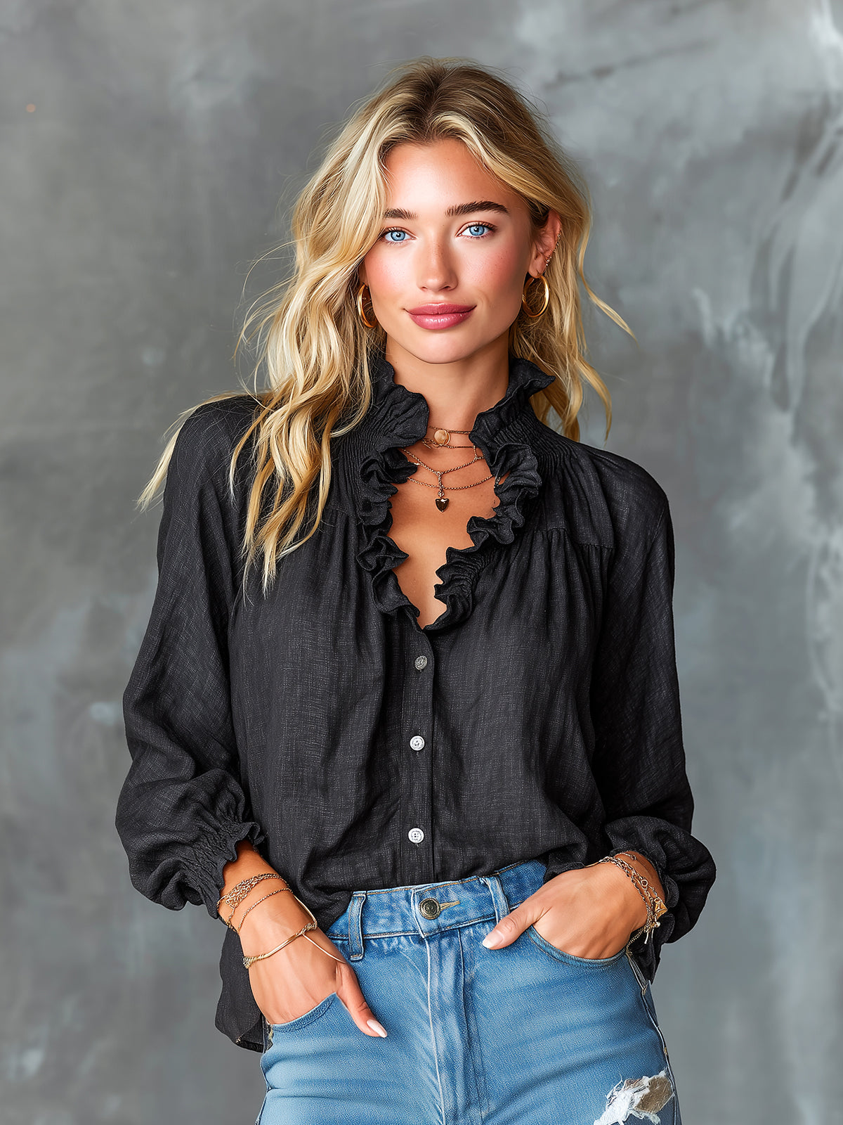 ElevenOra Chic Elegant Black Cotton-Linen Blend Stand Collar V-Neck Single-Breasted Long-Lantern-Sleeve Loose-Fit Shirt