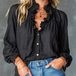 ElevenOra Chic Elegant Black Cotton-Linen Blend Stand Collar V-Neck Single-Breasted Long-Lantern-Sleeve Loose-Fit Shirt