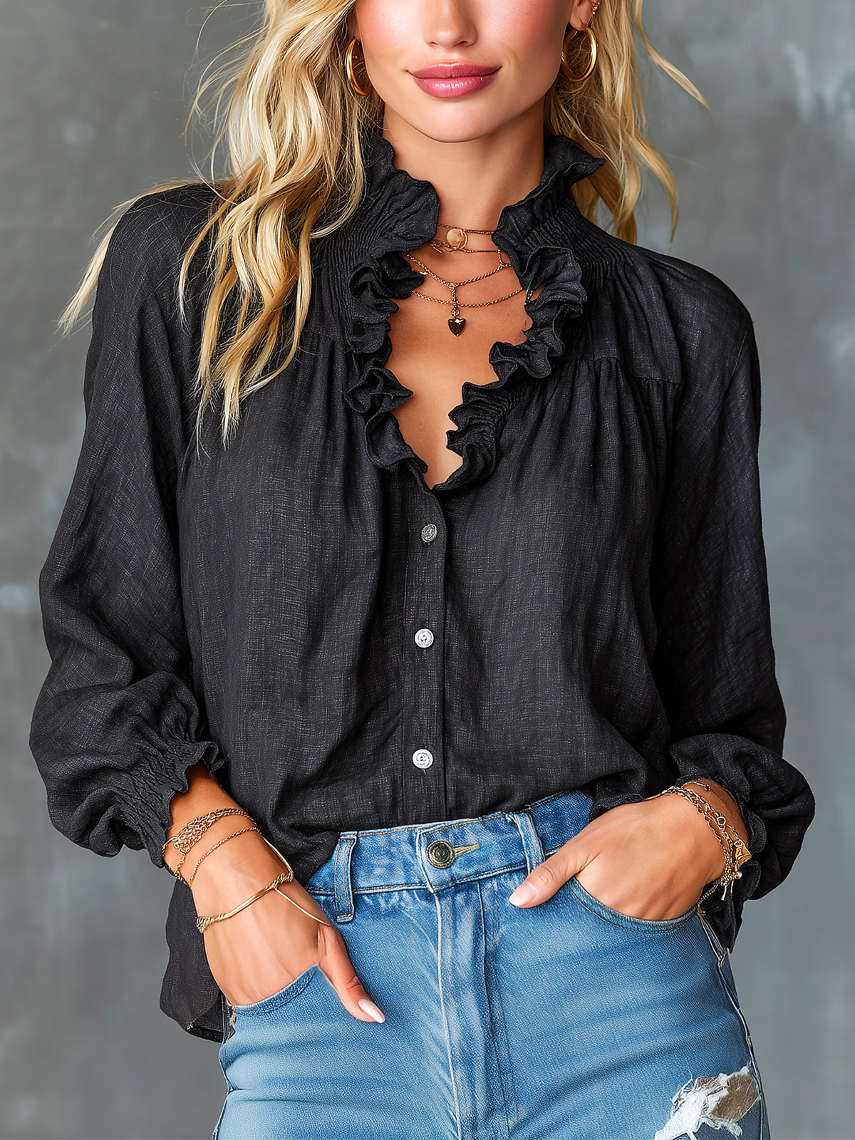 ElevenOra Chic Elegant Black Cotton-Linen Blend Stand Collar V-Neck Single-Breasted Long-Lantern-Sleeve Loose-Fit Shirt