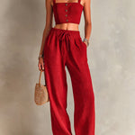 ElevenOra Chic Elegant Red Corduroy Spaghetti Straps Square-Neck Single-Breasted Cropped Vest Drawstring Elastic-Waist Wide-Leg Pants Two-Piece Set