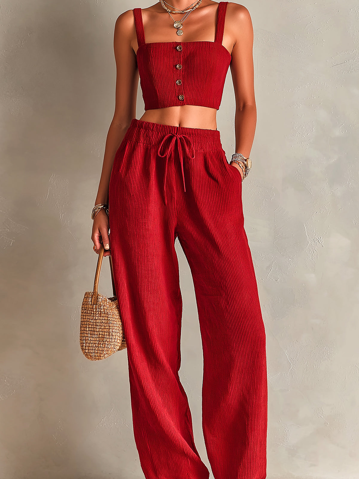ElevenOra Chic Elegant Red Corduroy Spaghetti Straps Square-Neck Single-Breasted Cropped Vest Drawstring Elastic-Waist Wide-Leg Pants Two-Piece Set