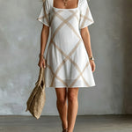 ElevenOra Chic Elegant White-Camel Stripes Square-Neck Short-Sleeve A-Line Loose-Fit Mini Dress