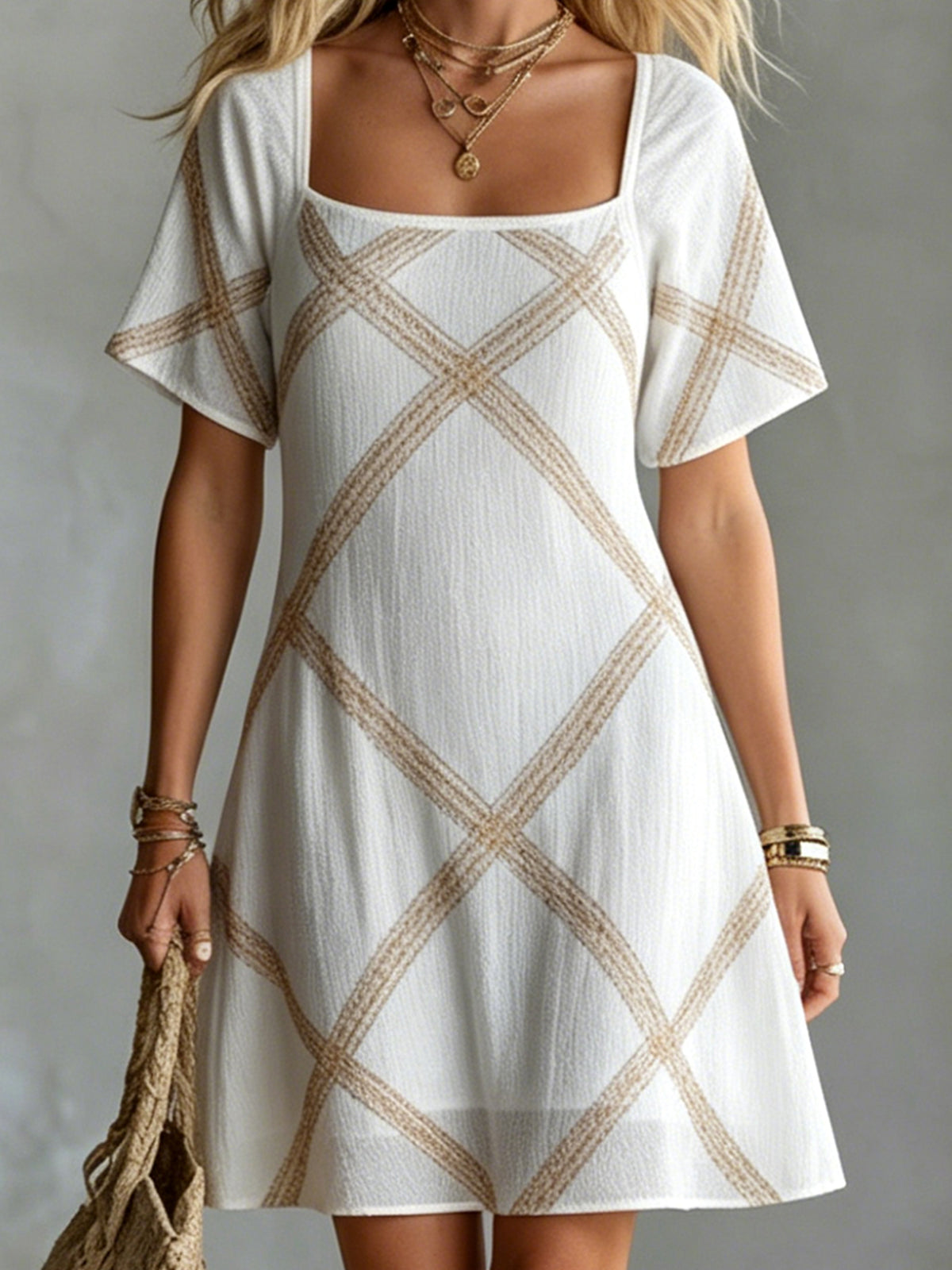 ElevenOra Chic Elegant White-Camel Stripes Square-Neck Short-Sleeve A-Line Loose-Fit Mini Dress