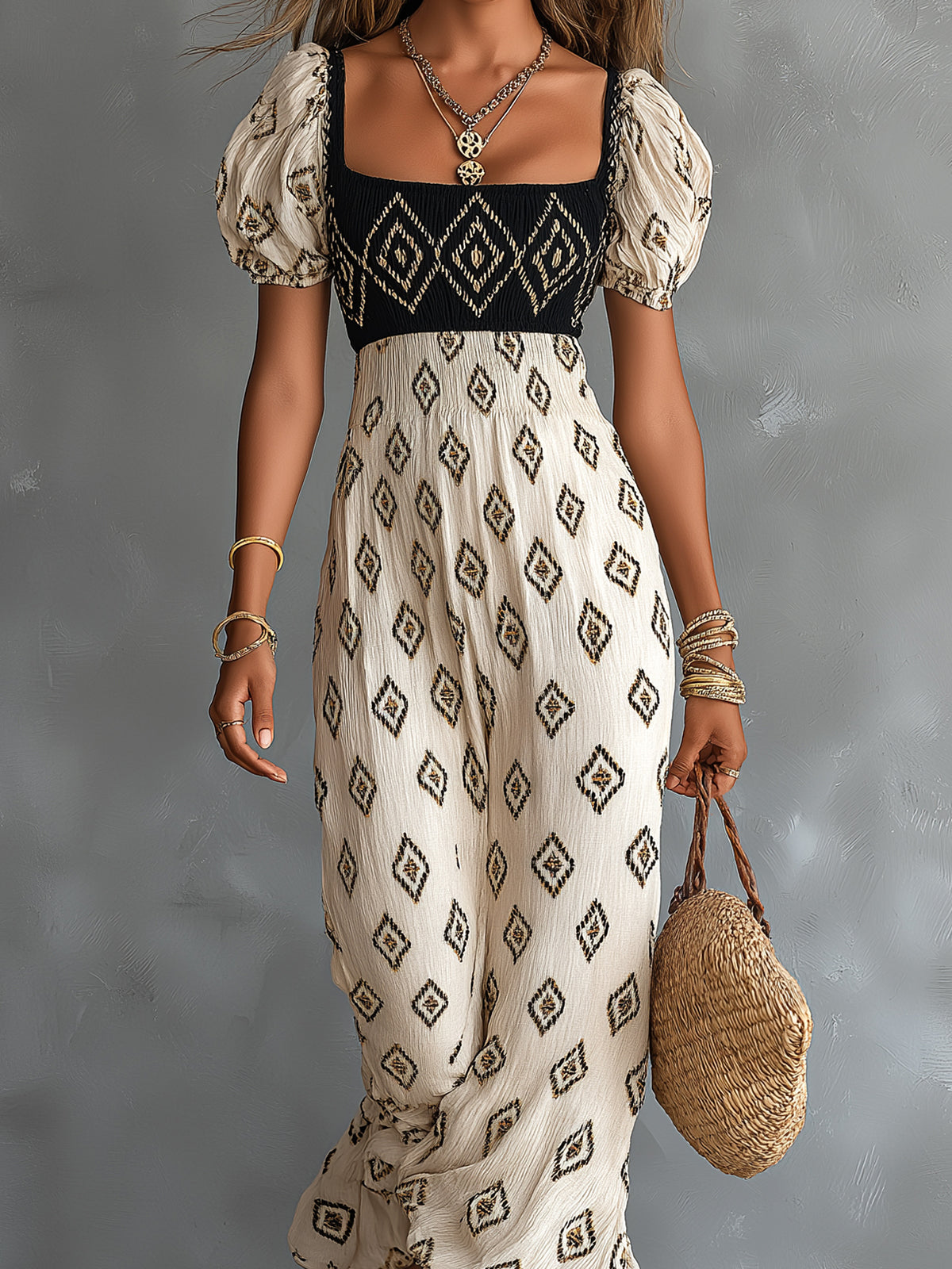 ElevenOra Chic Elegant Beige-Black Geometrical Pattern Print Square-Neck Short-Puff-Sleeve Tailored-Waist Loose-Fit Maxi Dress