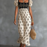 ElevenOra Chic Elegant Beige-Black Geometrical Pattern Print Square-Neck Short-Puff-Sleeve Tailored-Waist Loose-Fit Maxi Dress