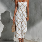 ElevenOra Chic Elegant White-Camel Argyle Pattern Print Spaghetti Straps Square-Neck Sleeveless Elastic-Waist A-Line Maxi Dress
