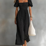 ElevenOra Chic Elegant Black Cotton Blend Square-Neck Short-Puff-Sleeve Shirring Detail A-Line Loose-Fit Maxi Dress
