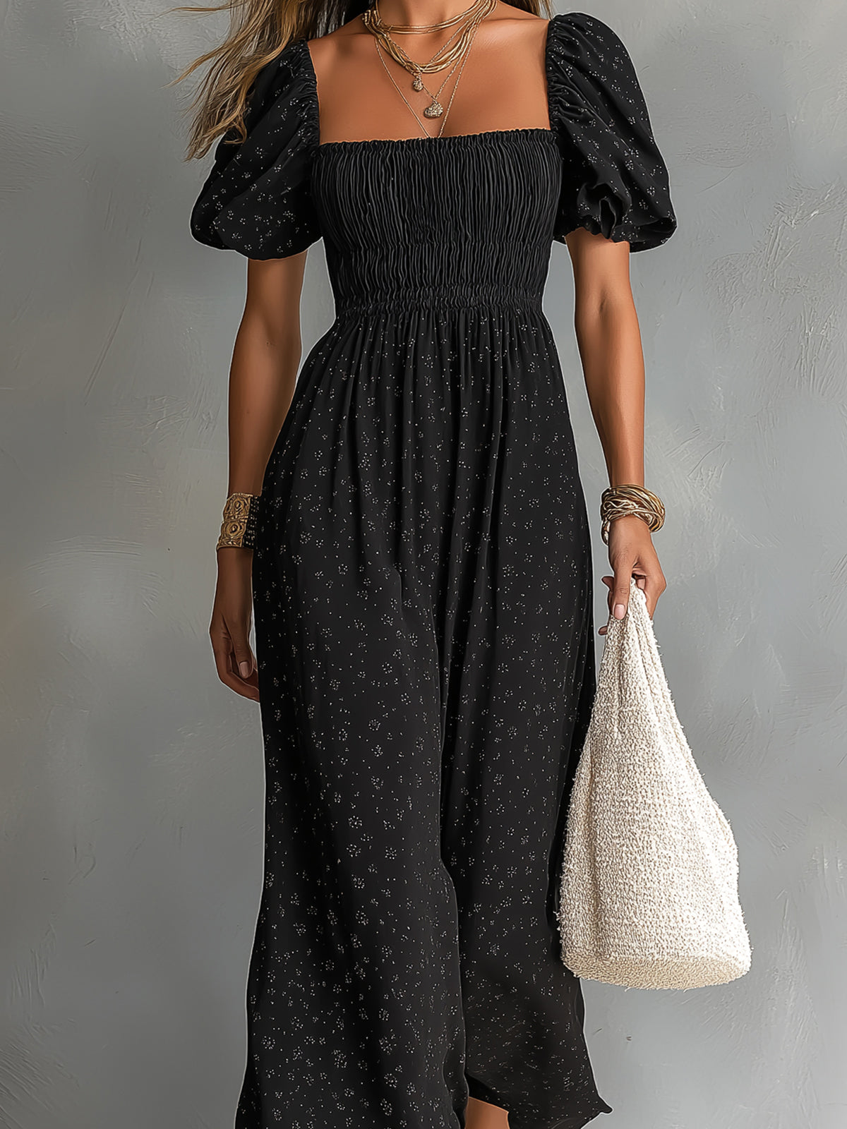 ElevenOra Chic Elegant Black Cotton Blend Square-Neck Short-Puff-Sleeve Shirring Detail A-Line Loose-Fit Maxi Dress
