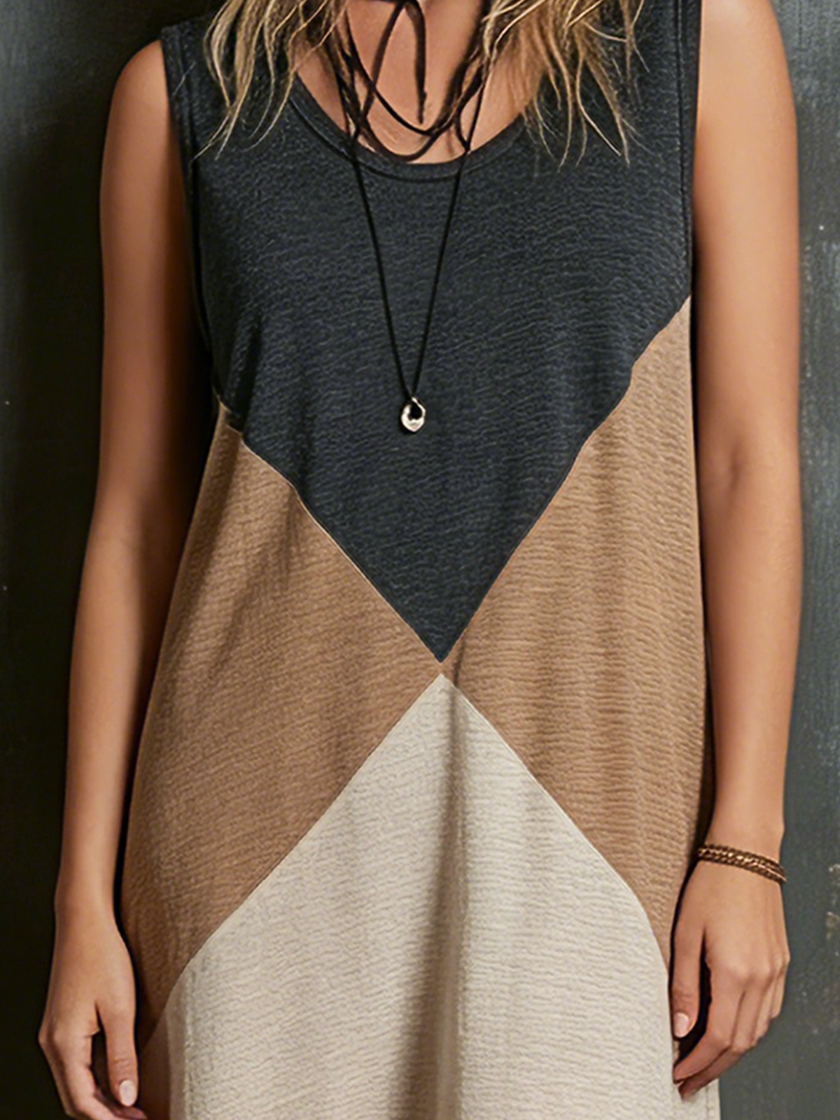 ElevenOra Chic Casual Heather-Camel-Beige Colorblock U-Neck Sleeveless Loose-Fit Slub Cotton Fabric Mini Dress