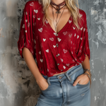 ElevenOra Chic Casual Burgundy Red Heart Print V-Neck Single-Breasted Bubble Elbow Sleeves Loose-Fit Woven Fabric Shirt Top