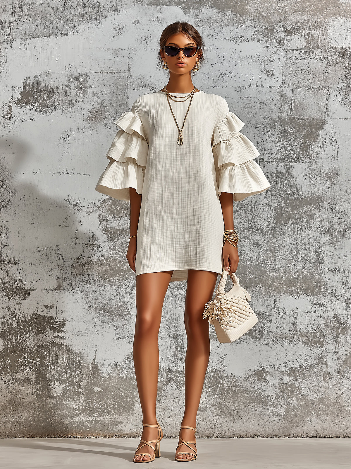 ElevenOra Chic Elegant Cream-White Cotton Blend Round-Neck Flare-Sleeve Ruffled Detail A-Line Loose-Fit Mini Dress