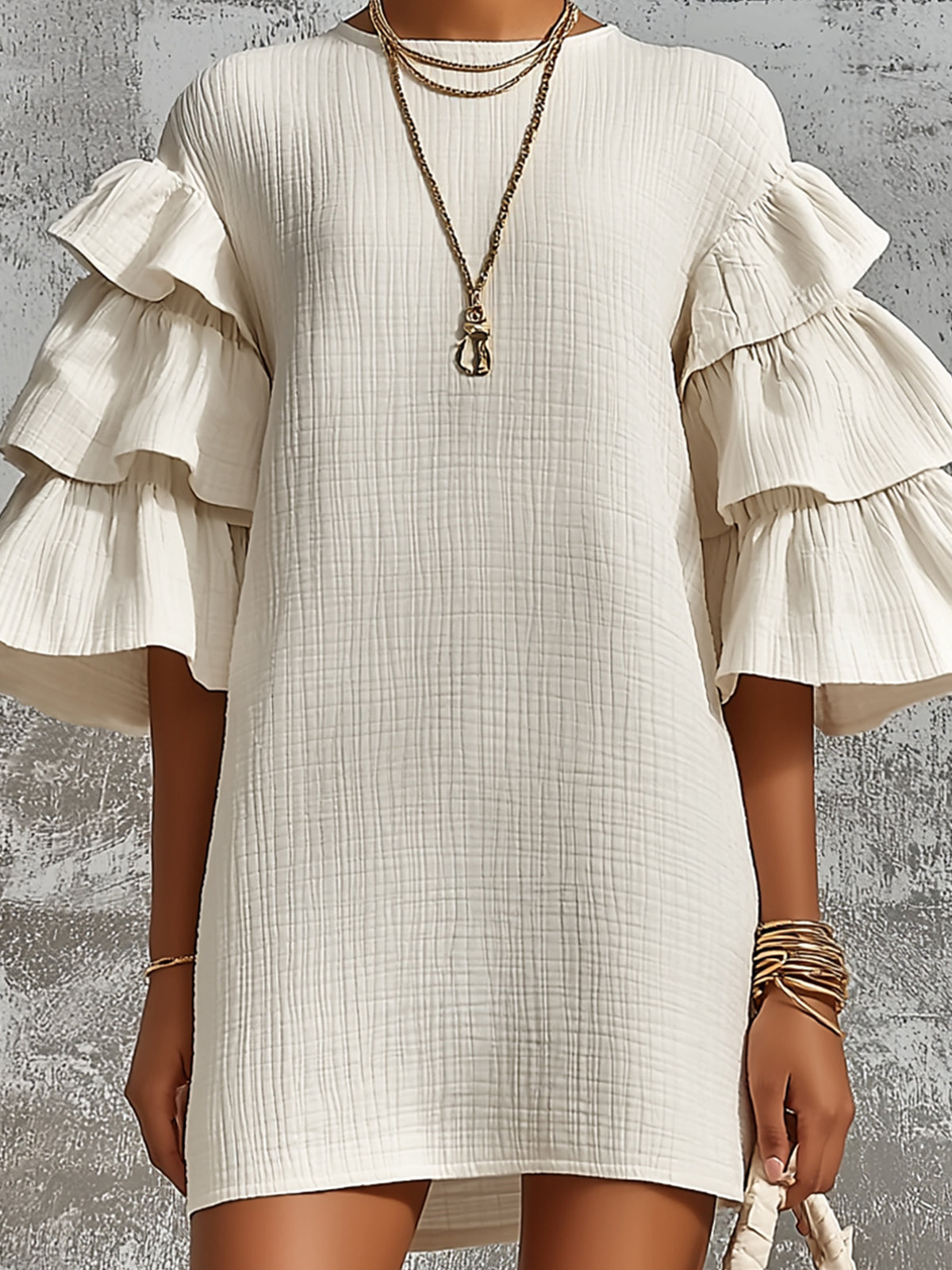 ElevenOra Chic Elegant Cream-White Cotton Blend Round-Neck Flare-Sleeve Ruffled Detail A-Line Loose-Fit Mini Dress