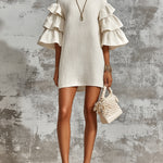 ElevenOra Chic Elegant Cream-White Cotton Blend Round-Neck Flare-Sleeve Ruffled Detail A-Line Loose-Fit Mini Dress