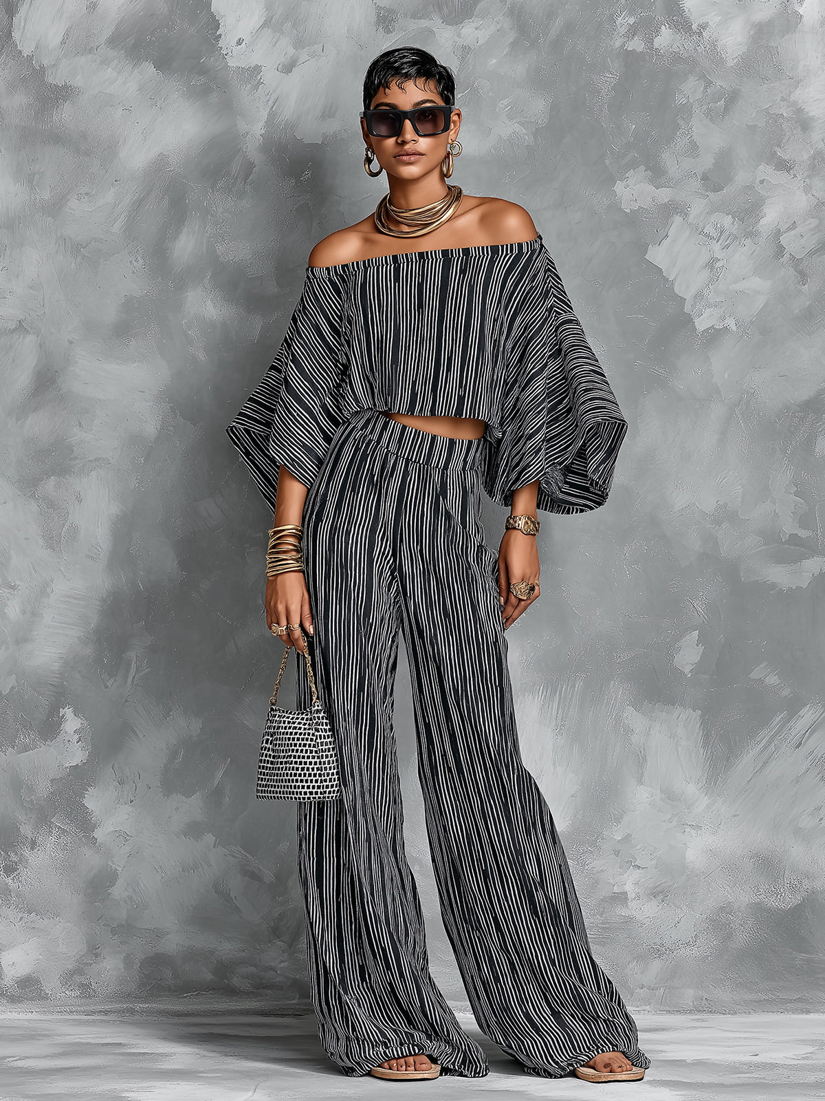 ElevenOra Chic Elegant Black Stripes Cotton-Linen Blend Off-The-Shoulder Flare-Sleeve Top Elastic-Waist Wide-Leg Pants Two-Piece Set