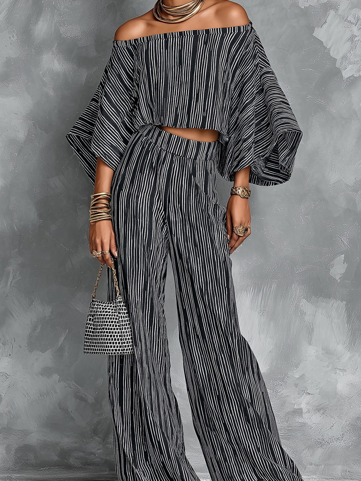 ElevenOra Chic Elegant Black Stripes Cotton-Linen Blend Off-The-Shoulder Flare-Sleeve Top Elastic-Waist Wide-Leg Pants Two-Piece Set