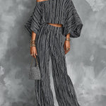 ElevenOra Chic Elegant Black Stripes Cotton-Linen Blend Off-The-Shoulder Flare-Sleeve Top Elastic-Waist Wide-Leg Pants Two-Piece Set