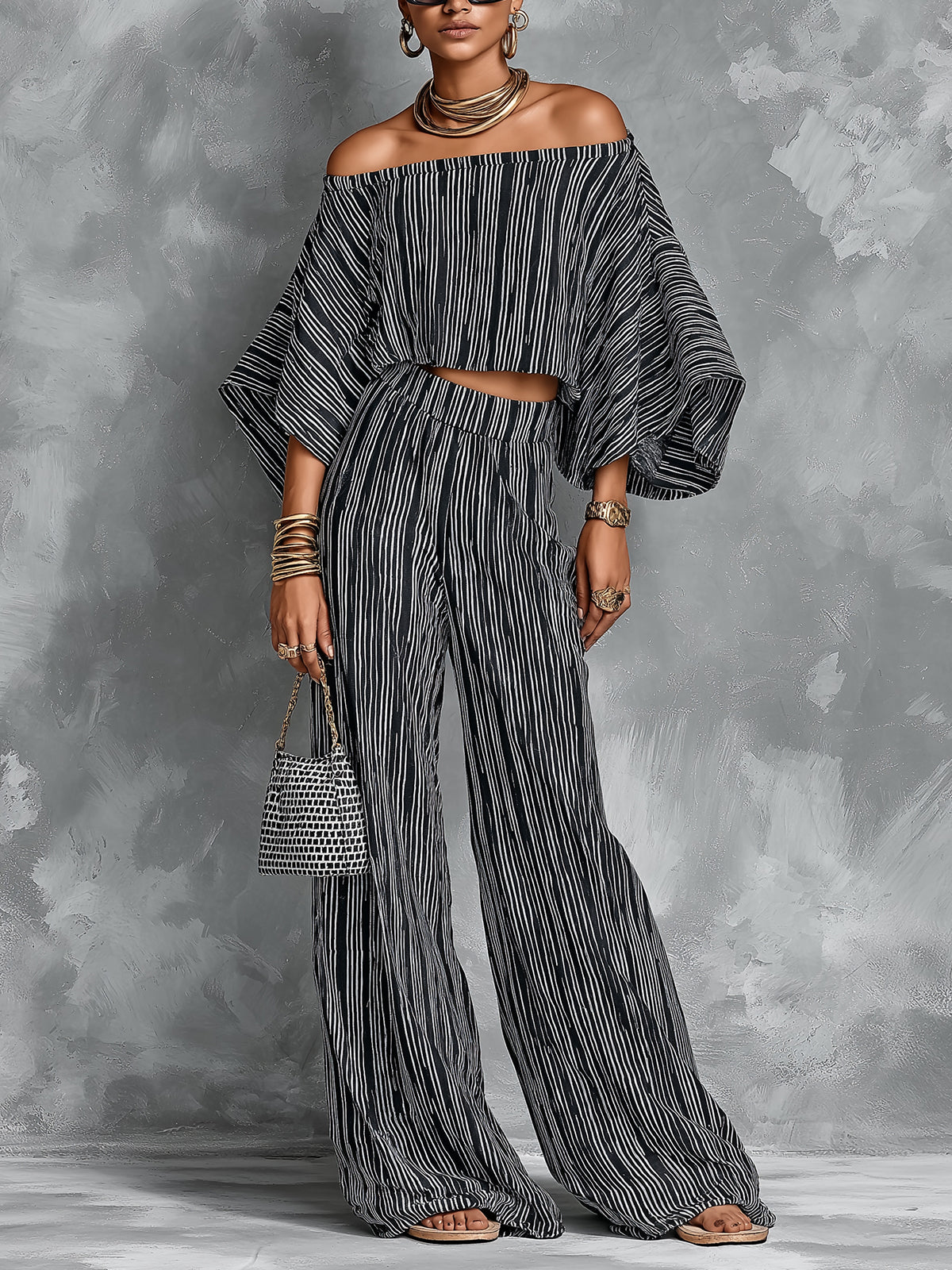 ElevenOra Chic Elegant Black Stripes Cotton-Linen Blend Off-The-Shoulder Flare-Sleeve Top Elastic-Waist Wide-Leg Pants Two-Piece Set