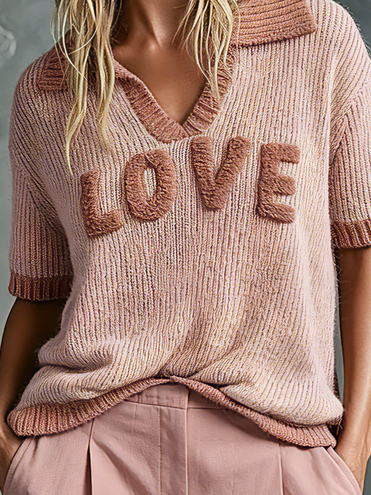ElevenOra Chic Elegant Pink Chenille Letter Embroidery Lapel V-Neck Contrast Trim Short Sleeve Loose-Fit Knit SweaterTop
