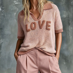 ElevenOra Chic Elegant Pink Chenille Letter Embroidery Lapel V-Neck Contrast Trim Short Sleeve Loose-Fit Knit SweaterTop