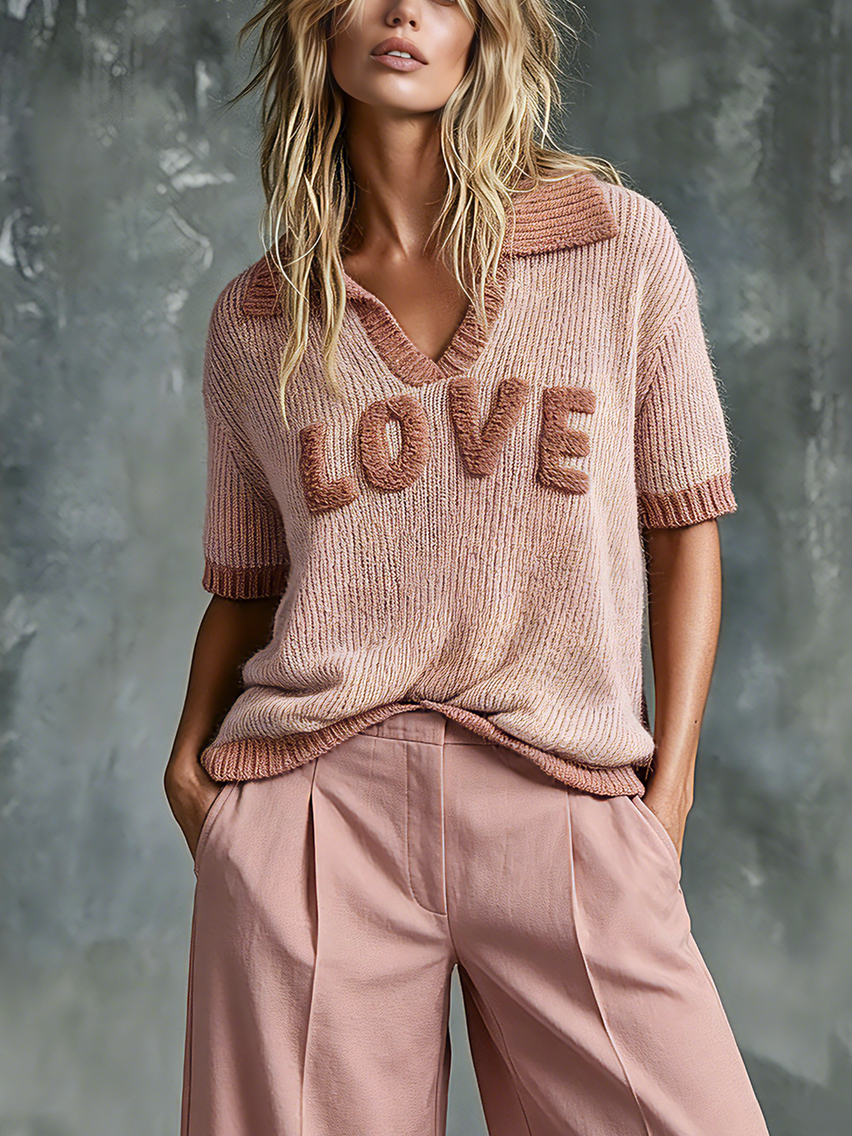 ElevenOra Chic Elegant Pink Chenille Letter Embroidery Lapel V-Neck Contrast Trim Short Sleeve Loose-Fit Knit SweaterTop