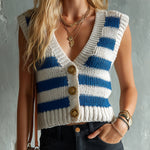 ElevenOra Chic Elegant Black-Royal Blue Stripes V-Neck Sleeveless Single-Breasted Ribbed Knit Vest Top