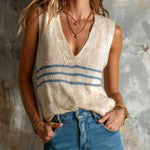 ElevenOra Chic Elegant Beige V-Neck Sleeveless Blue Stripe Detail Loose-Fit Knit Vest Top