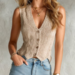 ElevenOra Chic Elegant Beige V-Neck Sleeveless Single-Breasted Ruffled Hem Detail Slim-Fit Ribbed Knit Vest Top