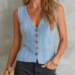 ElevenOra Chic Elegant Blue Melange V-Neck Sleeveless Single-Breasted Slim-Fit Ribbed Knit Vest Top