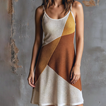 ElevenOra Chic Elegant Oatmeal-Mustard Yellow-Brown Colorblock Spaghetti Straps U-Neck Sleeveless A-Line Mesh Knit Mini Dress