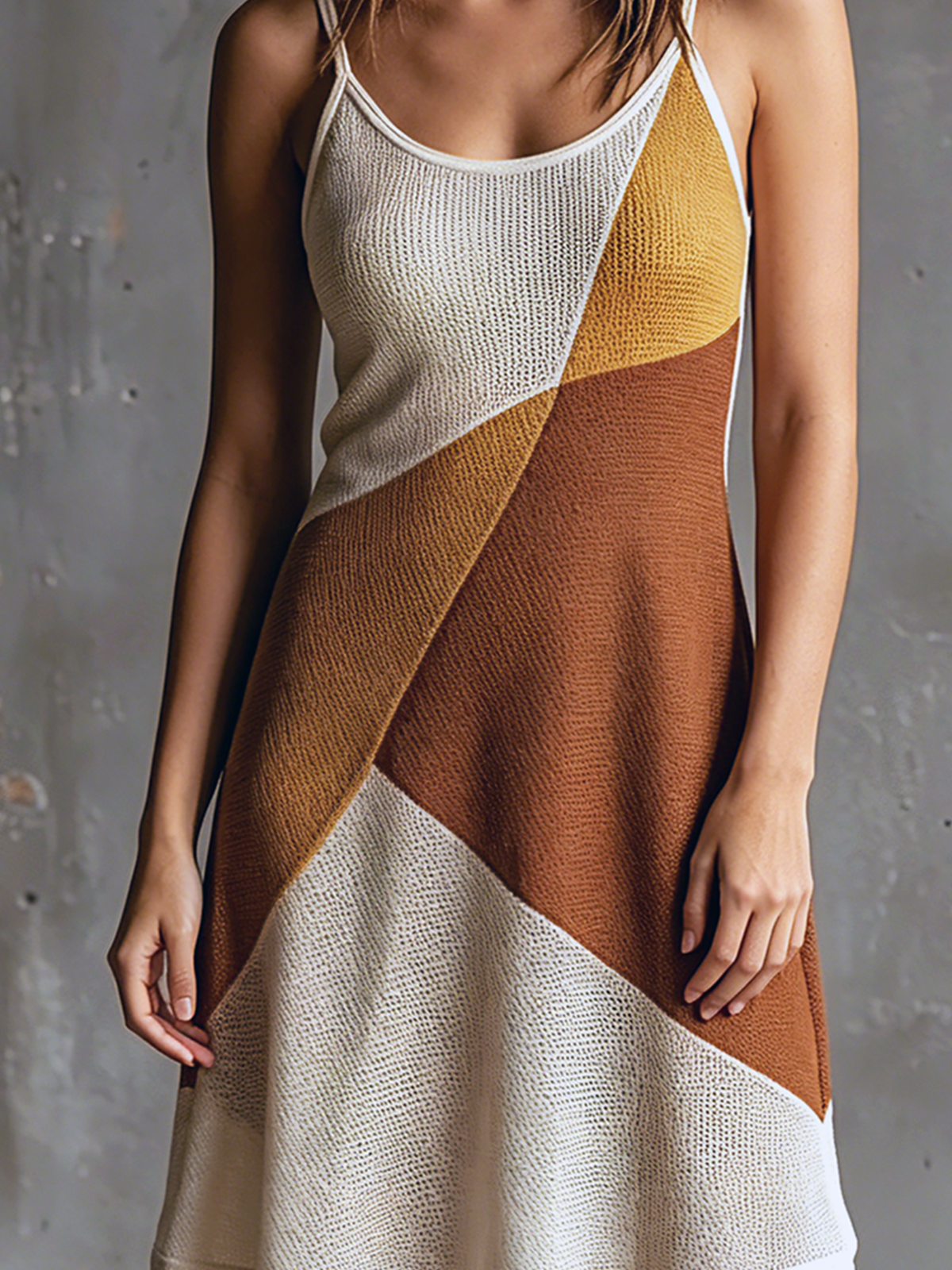 ElevenOra Chic Elegant Oatmeal-Mustard Yellow-Brown Colorblock Spaghetti Straps U-Neck Sleeveless A-Line Mesh Knit Mini Dress